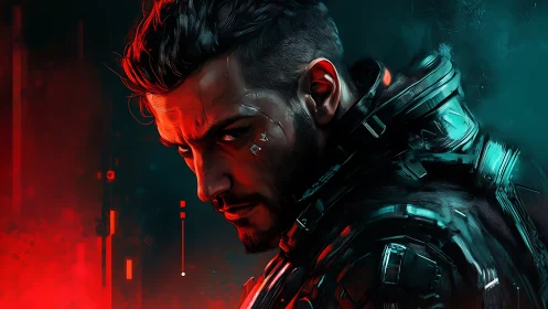 Cyberpunk portrait with red-teal split lighting and tactical armor.