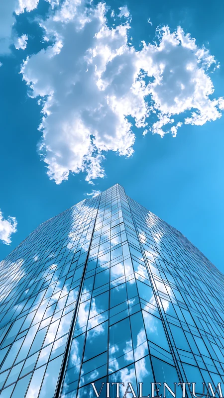 Skyward glass tower gently mirrors bright drifting clouds