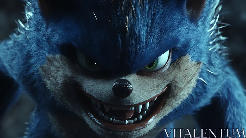 Rendered close-up shows blue anthropomorphic creature snarling