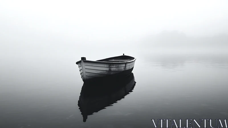 Solitary rowboat adrift on misty monochrome lake horizon.