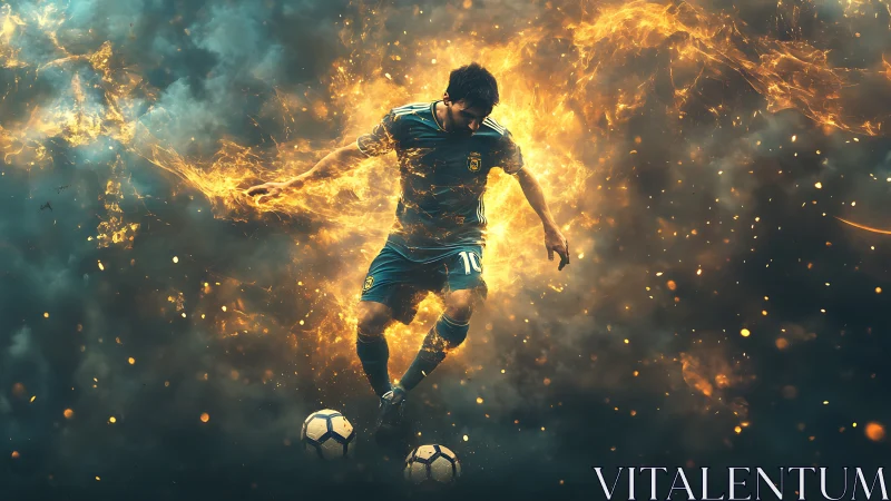 Soccer player in fiery digital aura controlling ball on field.