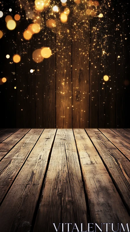 Rustic wooden stage with cascading golden bokeh light curtain
