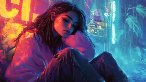 Digital portrait shows seated figure in neon urban setting