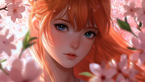Digital portrait shows red-haired girl amid cherry blossoms