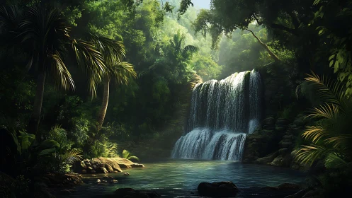 Cascading Waterfall Through Tropical Jungle Canopy.