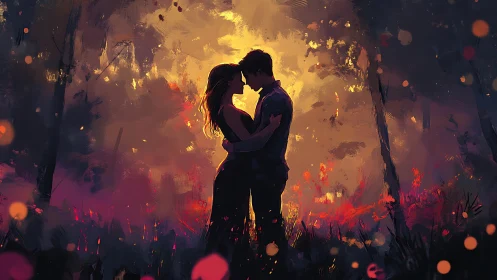 Couple Embracing in Fire and Light