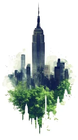 Urban skyscraper merges with lush green forest below.