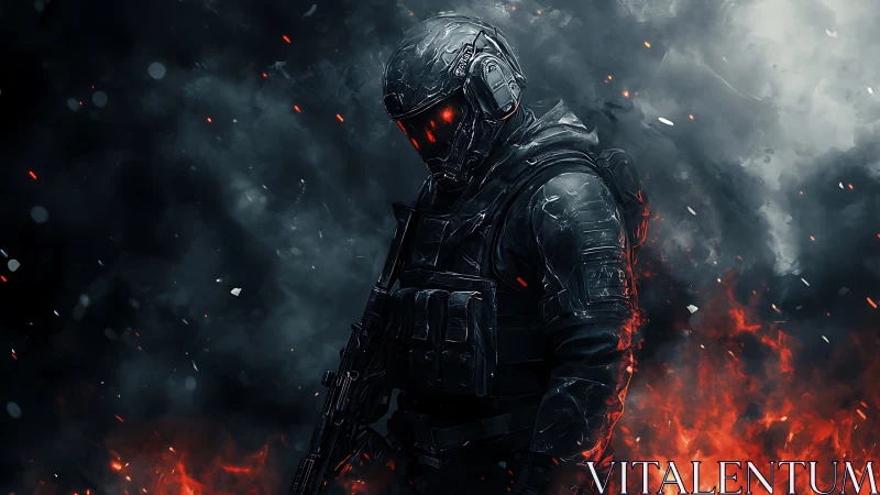 Armored sci fi soldier standing calm in swirling battle fire.