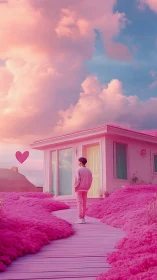 Monochrome pink pathway to surreal house under pastel clouds