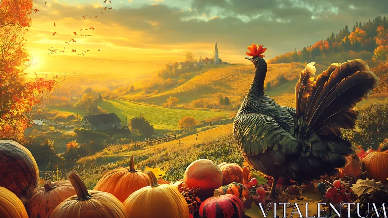 Digital autumn landscape with turkey and harvest still life.