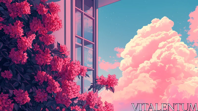 Digital painting of floral façade and pastel cumulus skyscape.