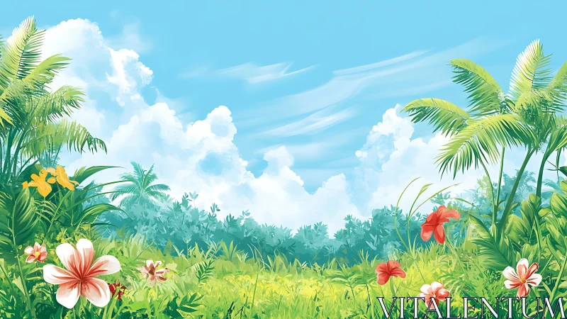 Tropical blossoms whisper under towering daydream clouds