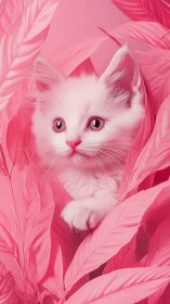 White Cat with Pink Eyes in Feathered Pink Environment.