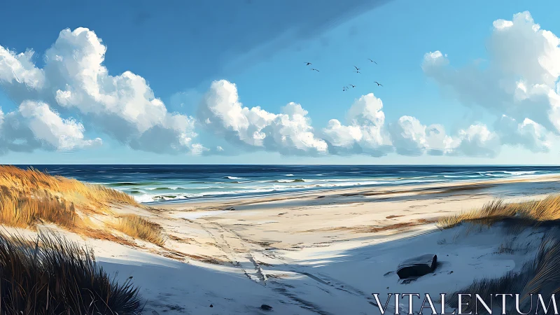 Coastal dune path opens onto windswept surf under cumulus sky.