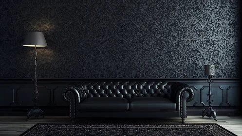 Dark tufted leather sofa anchors a monochrome neo-baroque interior