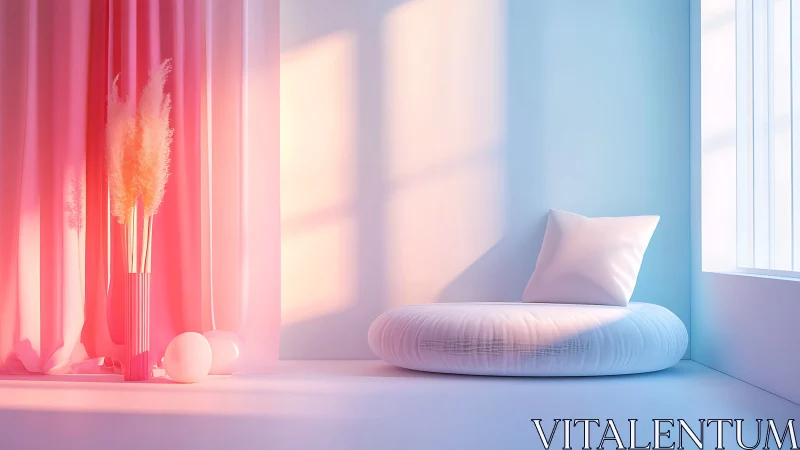 Soft pastel lounge corner with round cushion seating.