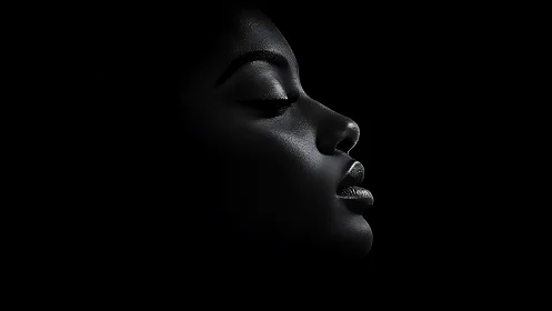 Side-lit serene profile emerges from deep blackness.