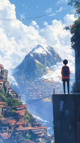 Young traveler gazes toward a bright, cloud-wrapped mountain.