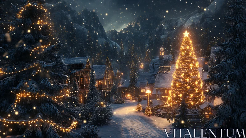 Snowy alpine village glows under towering Christmas tree