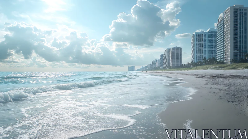 Sunlit shoreline meets modern high-rise cityscape skyline.
