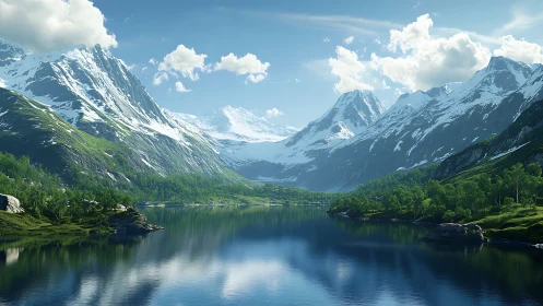 Snowcapped mountain range reflected in tranquil alpine lake.