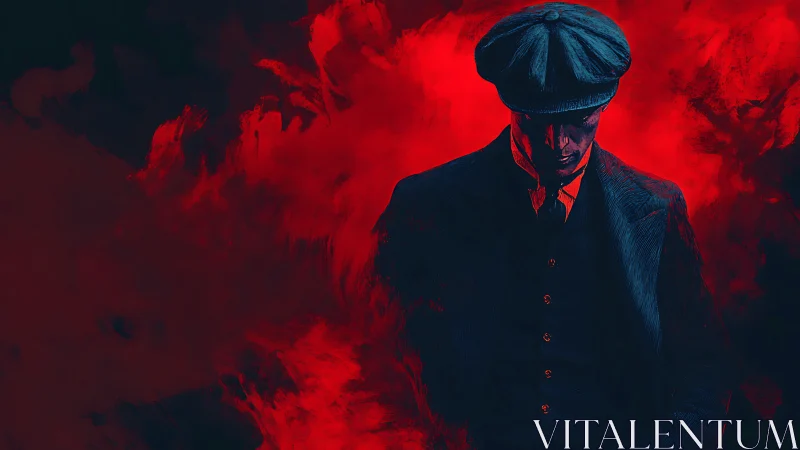 Solitary man in flat cap against intense red backdrop.