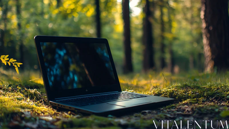 Closed ultrabook on forest floor under shallow depth-of-field bokeh