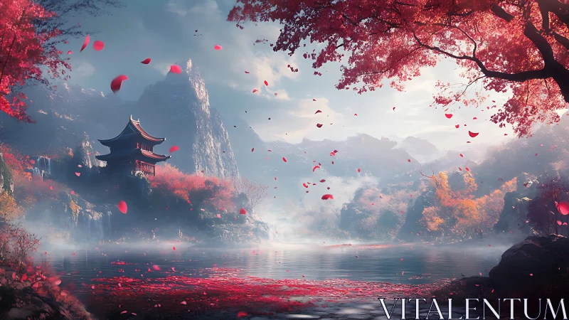 Mountain temple under cherry blossoms in misty dawn light.