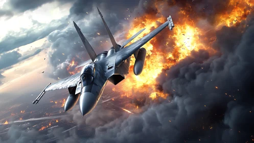 Jet slices through stormy sky beside huge fiery blast