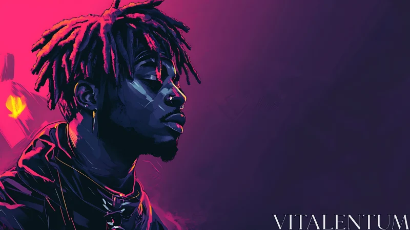 Neon-lit side profile portrait in magenta and deep violet tones.