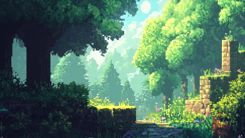 Pixel art forest environment with ruins and glowing vegetation