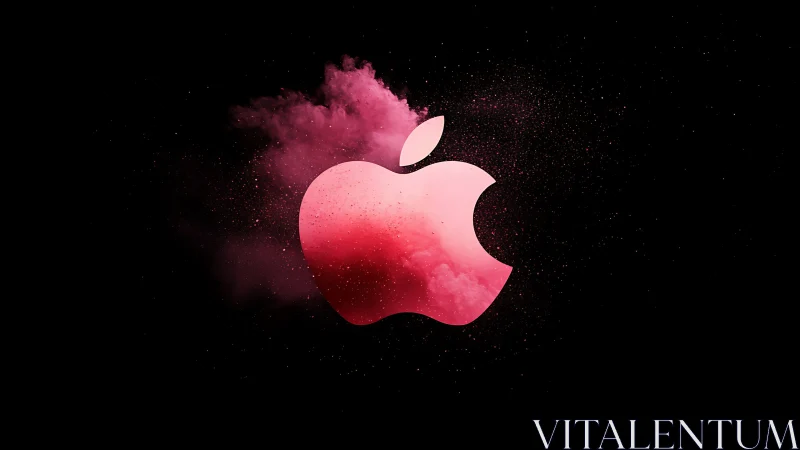 Pink apple-shaped logo glows amid cosmic powder burst.