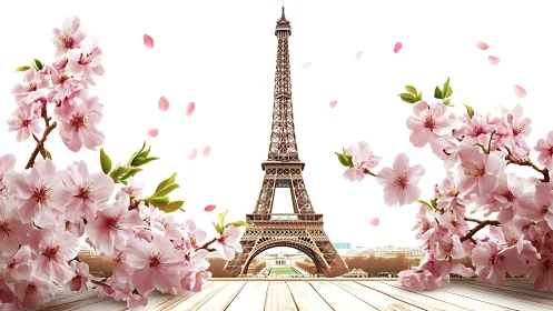 Eiffel Tower rises behind cherry blossoms in bright spring light