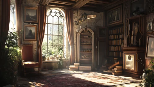 Sunlit vintage library interior renders detailed volumetric lighting