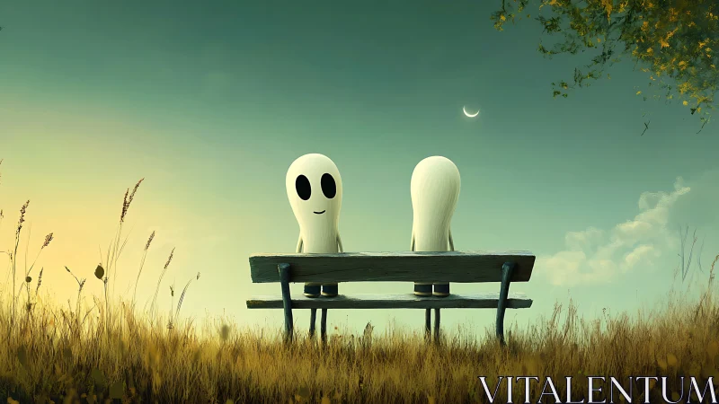 Two ghostlike figures on bench under crescent moon at dusk