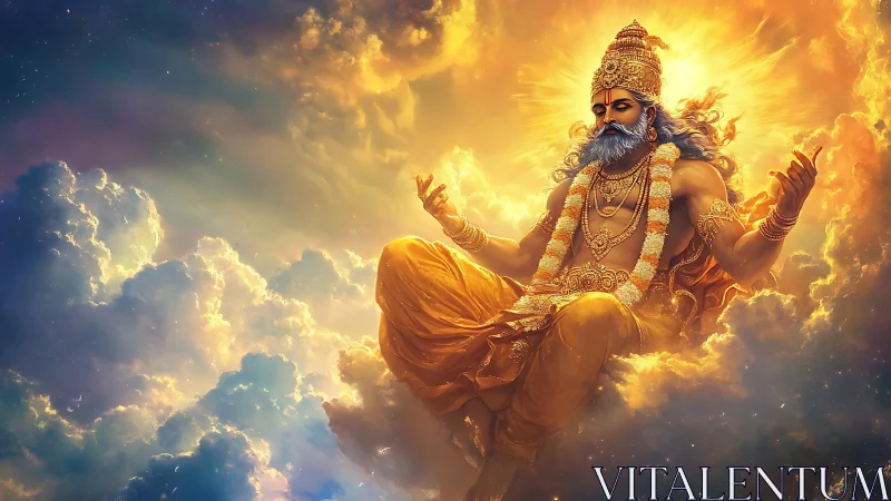 Digital rendering shows a seated bearded deity figure in clouds