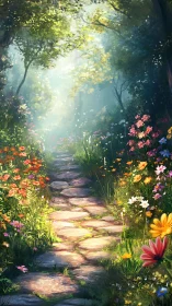 Stone path through dense flowering forest under daylight.