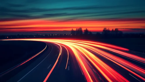 Sweeping highway light trails under vivid sunset sky.
