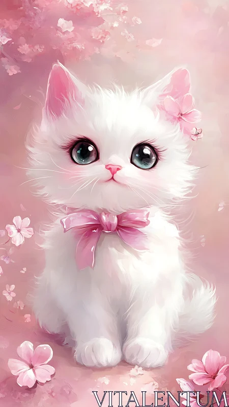 White Fluffy Cat with Pink Bow Among Blossoms.