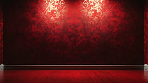 Red textured wall and wooden floor under dual ceiling lights