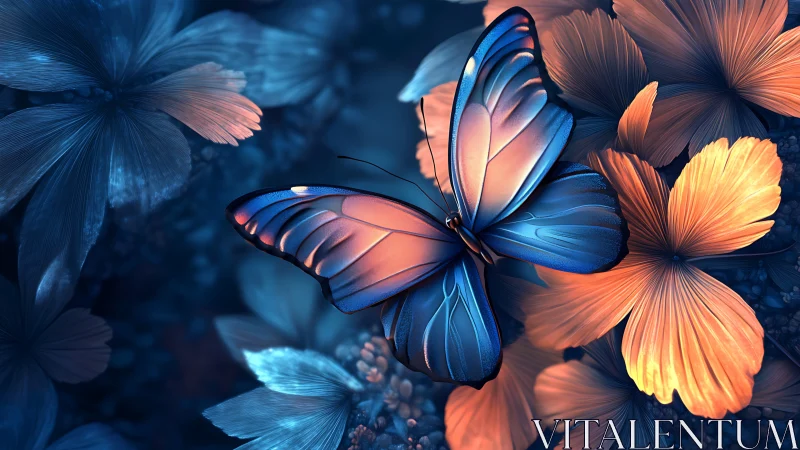Glowing blue butterfly resting among soft sunset blossoms.
