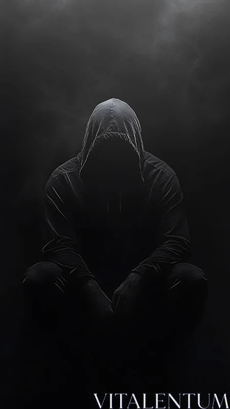 Hooded silhouette in low key volumetric shadow field.