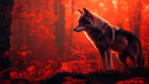 Wolf stands in red-tinted digital forest environment at dusk