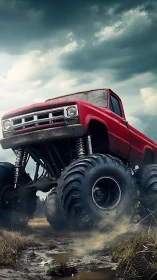 Photorealistic red monster truck in dynamic low-angle composition.