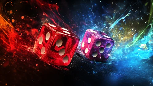 Two translucent dice roll through red and blue energy streaks