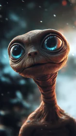 Gentle wide-eyed alien portrait under falling snowlight.