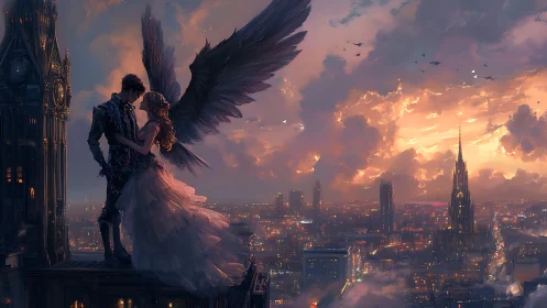 Winged guardian and bride embrace above dusk-lit neo-gothic city