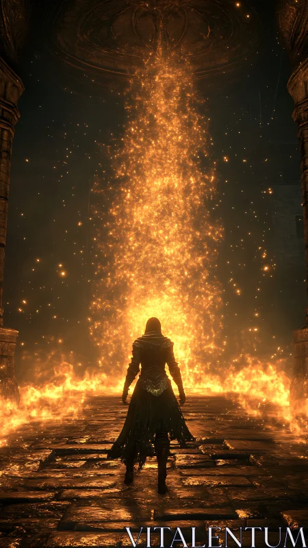 Lone wanderer steps into a towering river of living fire.