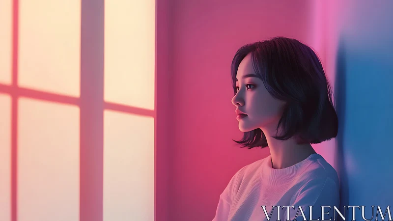 Soft neon window light wraps a quiet girl in calm color