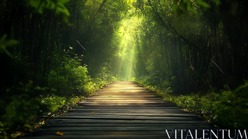 Forest Path with Golden Light and Wooden Boardwalk.